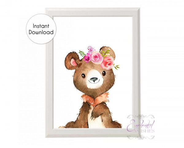 Cute woodland floral bear print