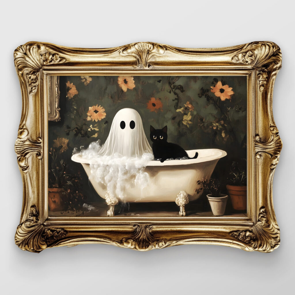 Ghost and black cat in bath print printable Halloween decor